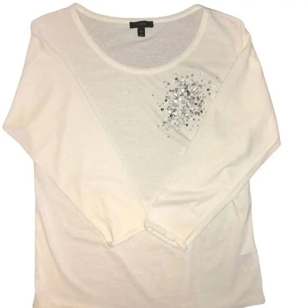 J Crew Soft Cream Top Cotton Comfy Scoop Neck Embellished Long Sleeves Medium